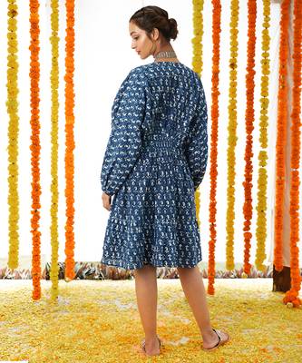 BLUE V Neck Half Buttoned Down Short Dress 4