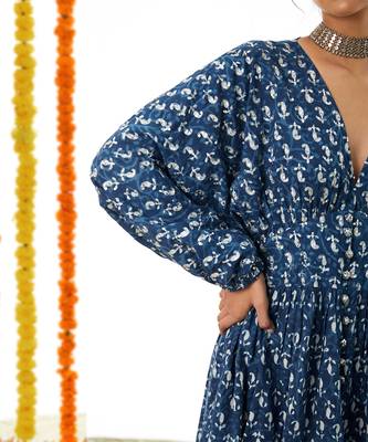 BLUE V Neck Half Buttoned Down Short Dress 5