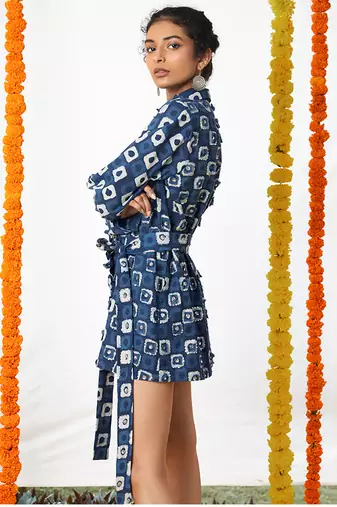 BLUE Collared Patched Shirt Dress