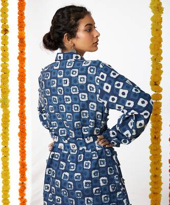 BLUE Collared Patched Shirt Dress 5
