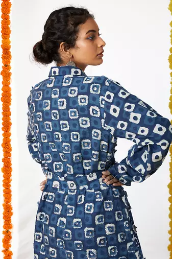 BLUE Collared Patched Shirt Dress