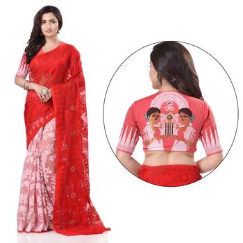 Red woven cotton saree with blouse 2