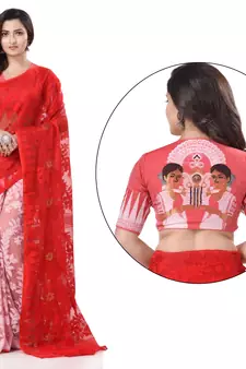 Red woven cotton saree with blouse