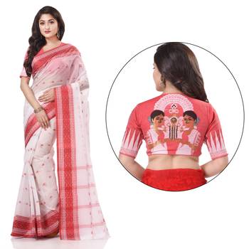 White woven cotton saree with blouse 2