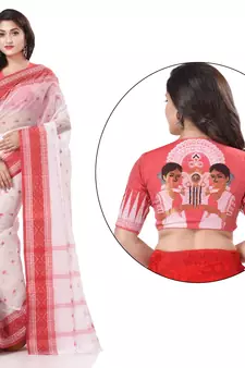 White woven cotton saree with blouse