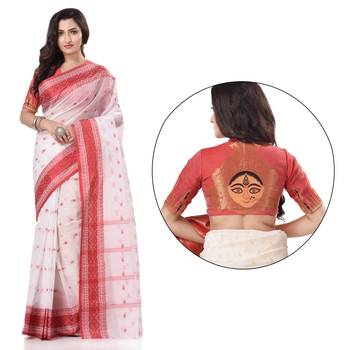 White woven cotton saree with blouse 2