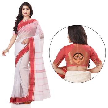 White woven cotton saree with blouse 2
