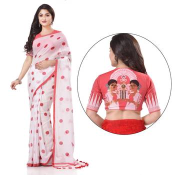 White woven cotton saree with blouse 1