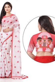 White woven cotton saree with blouse