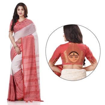 White woven cotton saree with blouse 1