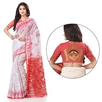 White woven cotton saree with blouse 1