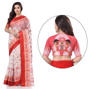 Red woven cotton saree with blouse 2