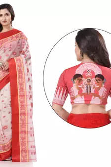 Red woven cotton saree with blouse