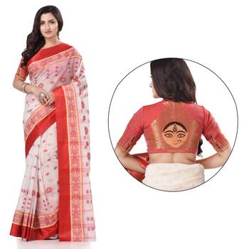 Red woven cotton saree with blouse 2