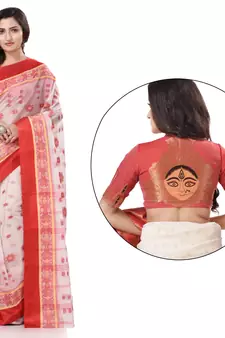 Red woven cotton saree with blouse