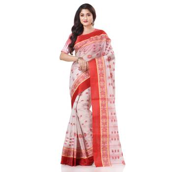 White Woven Cotton Saree Without Blouse 1