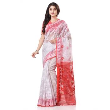 White Woven Cotton Saree Without Blouse 1