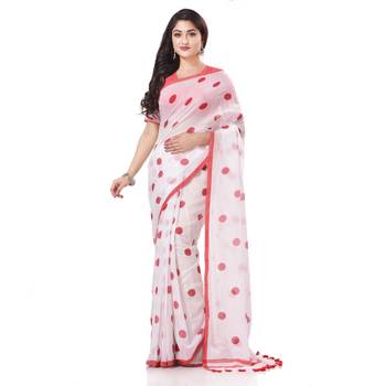White Woven Cotton Saree Without Blouse 1