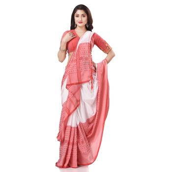 White Woven Cotton Saree Without Blouse 1