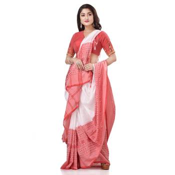White Woven Cotton Saree Without Blouse 2