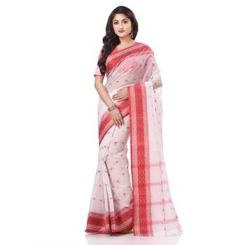White Woven Cotton Saree Without Blouse 1