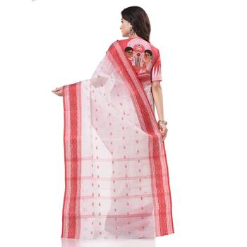 White Woven Cotton Saree Without Blouse 4
