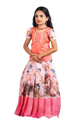 Shivangi Girls Pink Cocktail Peacock Pattu Pavadai | Langa 4