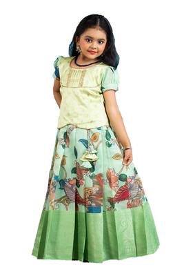 Shivangi Girls Green Cocktail Peacock Pattu Pavadai | Langa 1