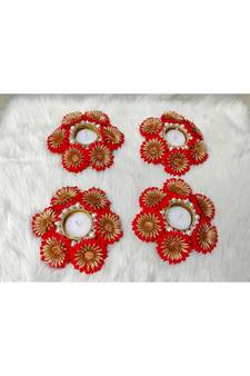 Shetu Home Decorative Gold-plated Diwali Diya with Golden Artificial Flowers, Homemade
