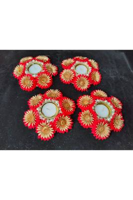 Shetu Home Decorative Gold-plated Diwali Diya with Golden Artificial Flowers, Homemade 2