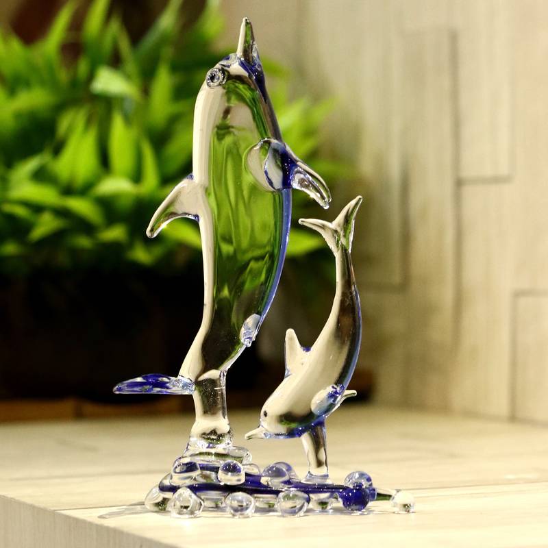 Playing Dolphin Pair Figurine Glass Crystal Clear Showpiece