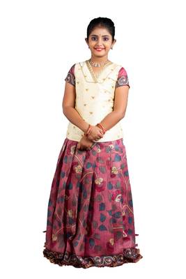 Shivangi Girls Peach Kalamkari Jute Pattu Pavadai 1