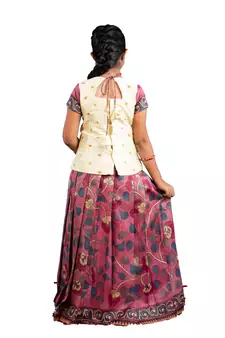 Shivangi Girls Peach Kalamkari Jute Pattu Pavadai