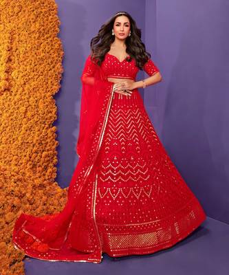 Red Embroidered Sequinned Georgette Semi-Stitched Lehenga & Unstitched Blouse With Dupatta 1