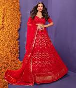 Red Embroidered Sequinned Georgette Semi-Stitched Lehenga & Unstitched Blouse With Dupatta