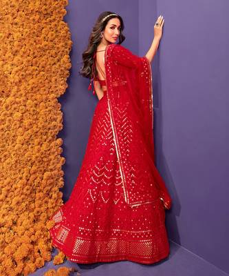 Red Embroidered Sequinned Georgette Semi-Stitched Lehenga & Unstitched Blouse With Dupatta 2