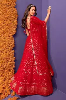 Red Embroidered Sequinned Georgette Semi-Stitched Lehenga & Unstitched Blouse With Dupatta
