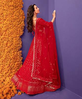 Red Embroidered Sequinned Georgette Semi-Stitched Lehenga & Unstitched Blouse With Dupatta 3