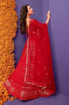 Red Embroidered Sequinned Georgette Semi-Stitched Lehenga & Unstitched Blouse With Dupatta