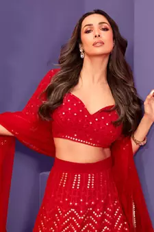 Red Embroidered Sequinned Georgette Semi-Stitched Lehenga & Unstitched Blouse With Dupatta