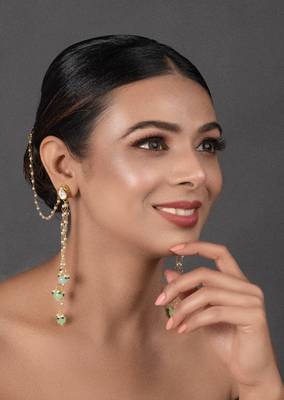 Gold Tone Kundan Inspired Pearl Tassel Earrings With Hair Chain 1