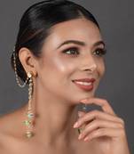 Gold Tone Kundan Inspired Pearl Tassel Earrings With Hair Chain