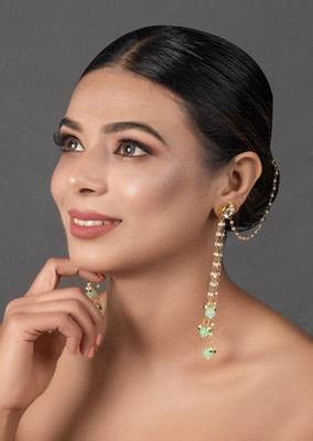 Gold Tone Kundan Inspired Pearl Tassel Earrings With Hair Chain 2