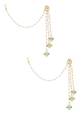 Gold Tone Kundan Inspired Pearl Tassel Earrings With Hair Chain 3