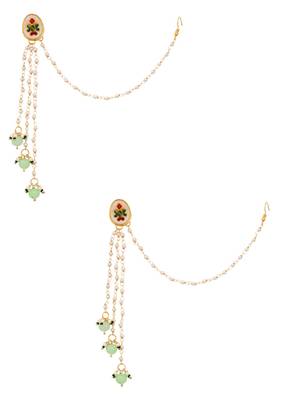 Gold Tone Kundan Inspired Pearl Tassel Earrings With Hair Chain 4