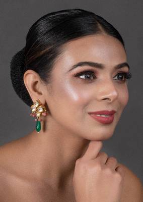 Green Pink Beaded Kundan Inspired Earrings 1