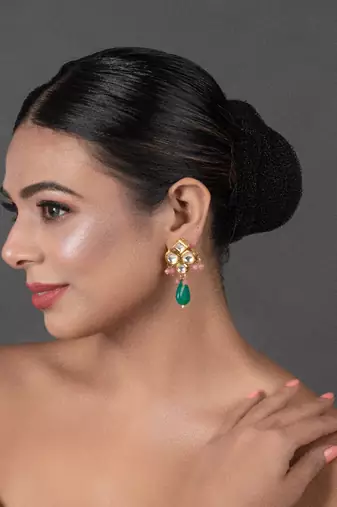 Green Pink Beaded Kundan Inspired Earrings