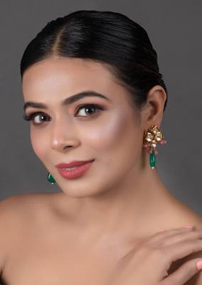 Green Pink Beaded Kundan Inspired Earrings 3