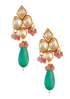 Green Pink Beaded Kundan Inspired Earrings 4