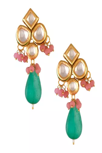 Green Pink Beaded Kundan Inspired Earrings